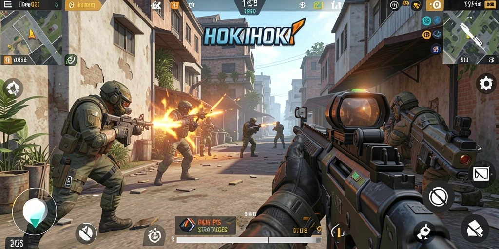 Tampilan menarik dari gameplay HOKIHOKI di arena pertempuran FPS.