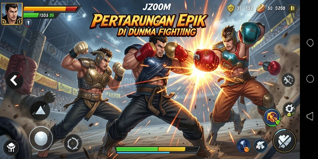 Screenshot J200M menampilkan pertarungan intens dengan karakter penuh aksi.