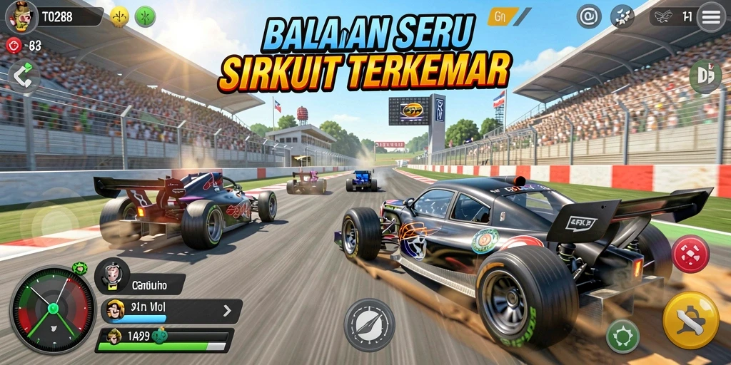 Screenshot TO288 menunjukkan aksi mendebarkan di lintasan balap yang menantang.